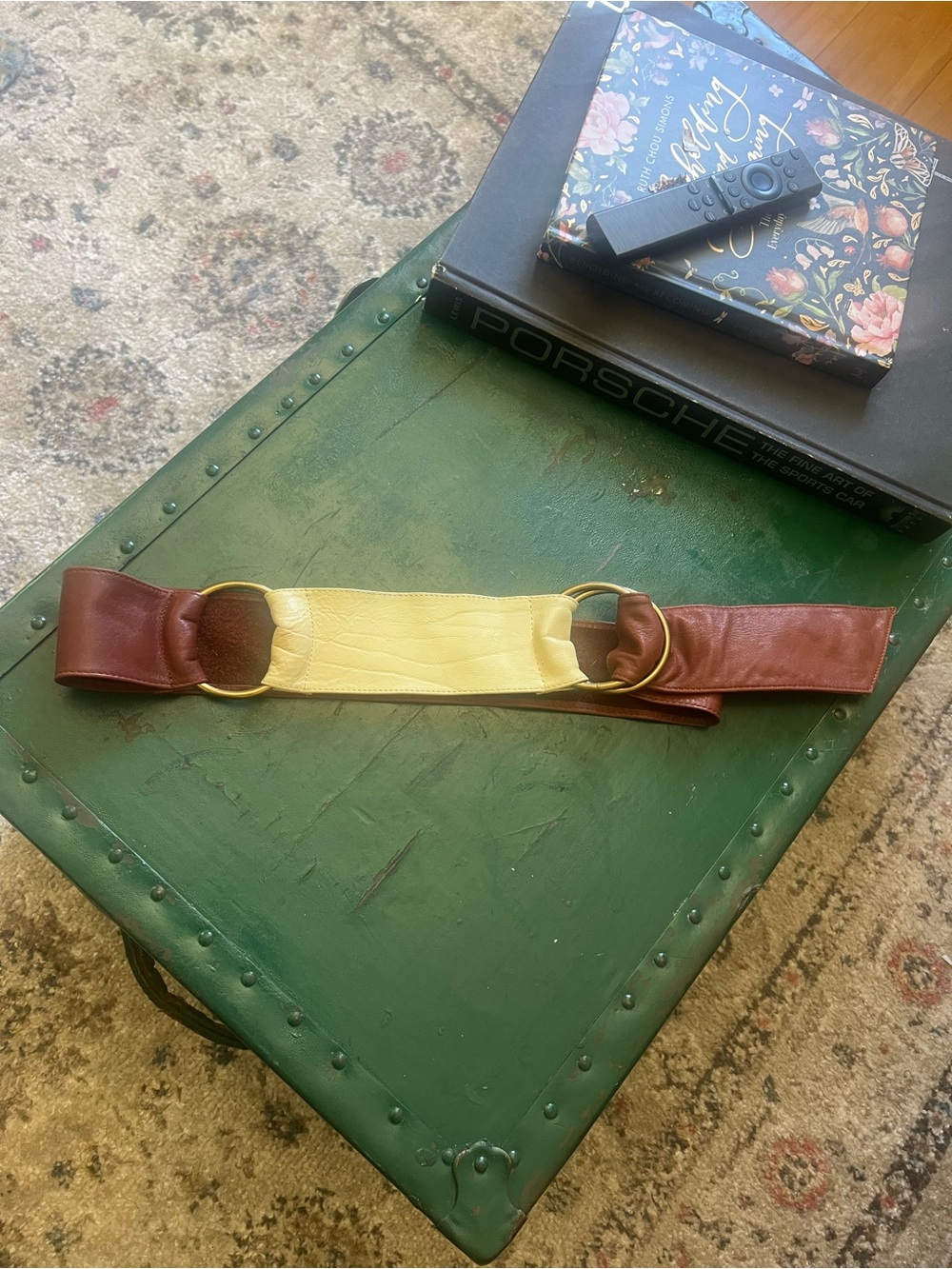 Wide Brown and Cream Leather Belt with Gold Rings Size M/L